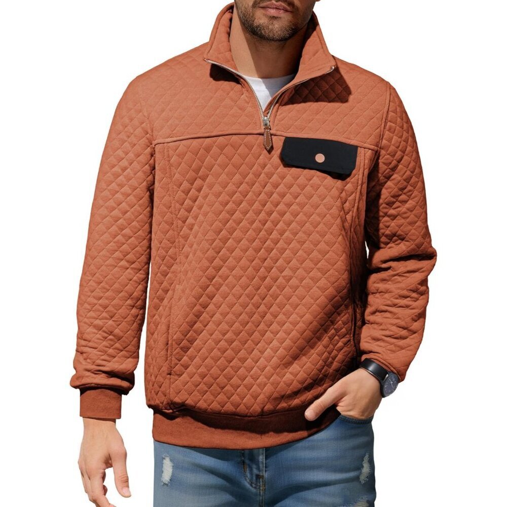 Men's Quilted Sweatshirt Casual Long Sleeve Outdoor Stand Collar Quarter-Zip Pul